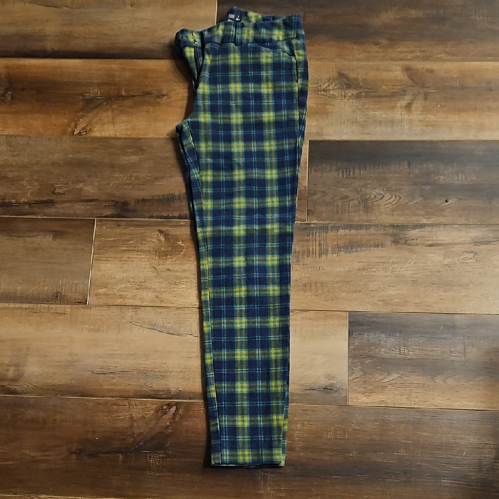 New York & Company Blue and Yellow Plaid Leggings